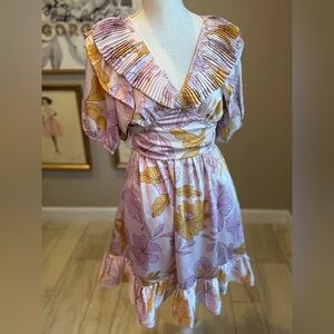 NWT! EN SAISON Jeune Satin Floral Ruffled Mini Lilac Dress